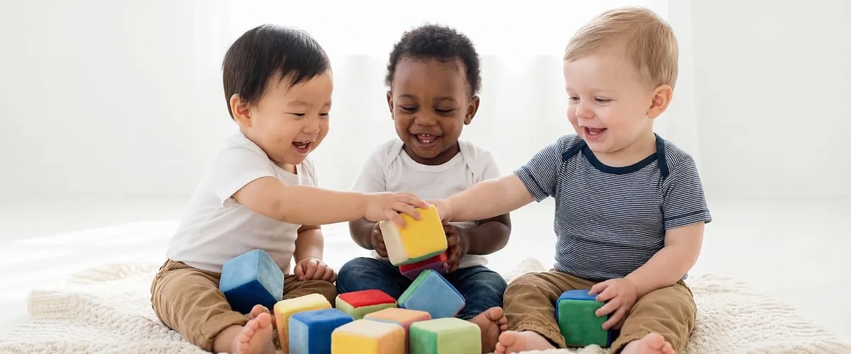 Children playing with learning blocks in a nursery, the childcare setting we help with admin and parent updates